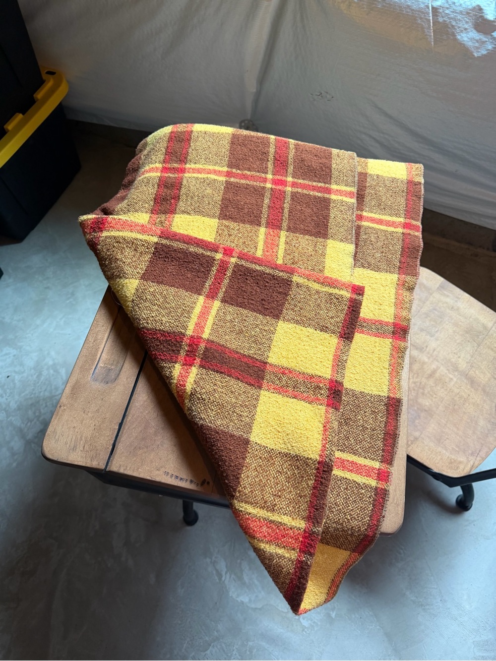 1970’s Small Wool Plaid Yellow and Brown Throw Blanket -